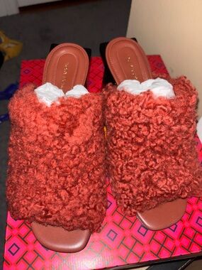 Tory Burch Women's Faux-Shearling Slide Sandals in Rust